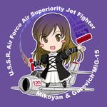  aircraft airplane brown_eyes brown_hair chibi commentary_request communism fighter_jet gradient_hair hijiri_byakuren jet long_hair mig-15 military military_vehicle multicolored_hair sakurato_tsuguhi solo sorcerer's_sutra_scroll touhou 