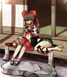  :3 animal_ears bad_id bad_pixiv_id barefoot bow braid brown_hair cat_ears closed_eyes detached_sleeves feet hair_ribbon hakurei_reimu kaenbyou_rin lap_pillow lying multiple_girls on_side red_hair ribbon short_hair sitting sleeping thick_thighs thighs touhou twin_braids twintails veranda yukataro 