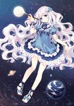  art_brush blue_eyes blue_nails dress earth face floating_hair legs long_hair moon nail_polish paintbrush pink_hair pixiv pixiv-tan planet sandals skirt solo space star tearfish very_long_hair 