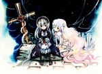  cross crystal dress eyepatch flower hairband kirakishou long_hair multiple_girls rose rozen_maiden suigintou tetuankyo thorns traditional_media very_long_hair watercolor_(medium) white_hair 