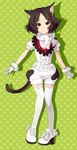  animal_ears bad_id bad_pixiv_id black_hair bow brown_eyes cat_ears fur_trim garters gloves high_heels legs original pigeon-toed polka_dot polka_dot_background puffy_pants puffy_shorts sage_joh shoes shorts solo tail thighhighs white_gloves 