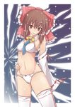  bow bow_panties bowtie bra brown_eyes brown_hair detached_sleeves hair_bow hakurei_reimu hand_on_hip highres lingerie natsume_riu navel necktie panties short_hair smile solo standing thighhighs touhou underwear underwear_only white_bra white_legwear white_panties 