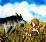  animal brown_hair field original sickle solo tetuankyo traditional_media watercolor_(medium) wolf 