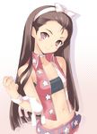  bandeau bare_shoulders belt blush brown_hair bunny choker cool_&amp;_sexy_(idolmaster) flat_chest hair_ribbon hairband head_tilt highres idolmaster idolmaster_(classic) kawata_hisashi long_hair looking_at_viewer midriff minase_iori red_eyes ribbon smile solo strapless stuffed_animal stuffed_bunny stuffed_toy tubetop 