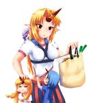  baby babywearing bad_id bad_pixiv_id blonde_hair blue_eyes blue_hair cirno eating hat horn horns hoshiguma_yuugi ibuki_suika if_they_mated kosmosshuffle long_hair motherly multiple_girls patchouli_knowledge pointy_ears red_eyes short_hair spring_onion star touhou 