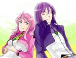  1girl bad_id bad_pixiv_id blue_eyes celestial_being_uniform closed_eyes feldt_grace glasses gundam gundam_00 jacket long_hair pink_hair ponytail purple_hair smile ta_ko tieria_erde 