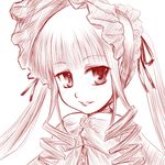  bonnet inusurvivor lowres monochrome red rozen_maiden shinku smile solo twintails 