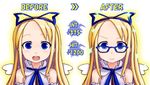  angel_wings bare_shoulders before_and_after bespectacled blonde_hair blue_eyes bow detached_sleeves disgaea flonne gameplay_mechanics glasses hair_bow kurabayashi_aya long_hair sparkle wings 