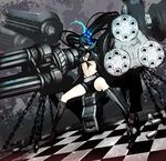  arm_cannon bikini_top black_hair black_rock_shooter black_rock_shooter_(character) boots breasts burning_eye chain checkered checkered_floor front-tie_top gatling_gun gun highres huge_weapon large_breasts long_hair machine_gun midriff navel perspective scar shell_casing shorts solo tsunekun twintails weapon 
