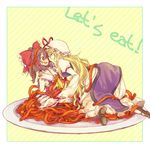  blonde_hair bow brown_hair detached_sleeves dirty english food hakurei_reimu hat in_food long_hair messy minigirl multiple_girls ogi_(sham00) on_plate pasta short_hair spaghetti stain touhou yakumo_yukari yuri 