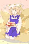  apron bad_id bad_pixiv_id blonde_hair blush cake food fox_tail frilled_apron frilled_sleeves frills hat holding multiple_tails open_mouth pastry pillow_hat seiza short_hair sitting smile solo tail tassel touhou yakumo_ran yuuyuu_(yuko) 