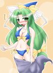  bad_id bad_pixiv_id bare_shoulders bikini blush bow breasts cleavage green_eyes green_hair hair_bow hat large_breasts long_hair mima navel ryutotoranoikkiuchi solo swimsuit touhou undressing very_long_hair wizard_hat 