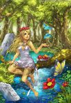  barefoot bird blonde_hair blue_eyes breasts breasts_apart chisaki_(sorajik) choker dress elf feet flower hair_flower hair_ornament hands light_rays looking_up medium_breasts nature no_bra original pointy_ears short_dress sitting smile soaking_feet solo sunbeam sunlight water 