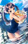  ball brown_eyes brown_hair child cloud day flat_chest hair_ribbon highres kawata_hisashi long_hair one-piece_swimsuit original polka_dot ribbon school_swimsuit sky solo swimsuit twintails water wet wristband 