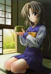  absurdres futami_shion green_tea highres long_hair matsuo_yukihiro memories_off ribbon school_uniform seiza serafuku silver_hair sitting skirt solo tatami tea yellow_eyes 