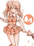  blush broom mahora_academy_middle_school_uniform mahou_sensei_negima! mikami_komata orange_(color) plaid plaid_skirt ribbon sakura_mei school_uniform skirt solo twintails 