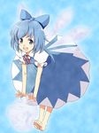  barefoot blue_eyes blue_hair bow cirno feet futami_shinen hands ice short_hair smile solo touhou wings 