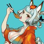  aburaage animal_ears breasts brown_eyes chopsticks eating eyeshadow food fox_ears hair_ribbon hair_up japanese_clothes kaworu kimono kongiku large_breasts leaf leaf_on_head makeup oboro_muramasa open_mouth ribbon silver_hair simple_background solo 