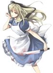  alice_(wonderland) alice_(wonderland)_(cosplay) alice_in_wonderland apron axis_powers_hetalia bad_id bad_pixiv_id belarus_(hetalia) blonde_hair blood blue_eyes cosplay dress hair_ribbon knife licking long_hair petticoat ribbon rin16321 solo stain 