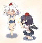  animal_ears barefoot between_legs black_hair black_wings blush camera chibi covering embarrassed fang hat inubashiri_momiji kneeling multiple_girls one-piece_swimsuit school_swimsuit shameimaru_aya short_hair sparkle standing standing_on_one_leg swimsuit tail tail_between_legs toba_hiyoko tokin_hat touhou white_hair wings wolf_ears wolf_tail 