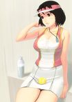  bad_id bad_pixiv_id ball black_hair bottle breasts brown_eyes brown_hair cleavage copyright_request cowboy_shot large_breasts masao panties pantyshot pantyshot_(sitting) short_hair sitting solo sportswear tennis_ball tennis_uniform underwear upskirt visor_cap 