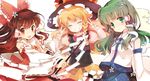  blonde_hair bow braid brown_hair detached_sleeves frog gohei green_eyes green_hair hair_ornament hakurei_reimu hara_yui hat kirisame_marisa kochiya_sanae long_hair multiple_girls short_hair snake touhou undefined_fantastic_object v witch_hat 