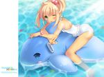  ;p afloat armband artist_name bare_arms bare_legs bare_shoulders barefoot blonde_hair blue_eyes blush blush_stickers casual_one-piece_swimsuit eyebrows_visible_through_hair fish frilled_swimsuit frills hair_bobbles hair_ornament hands hits inflatable_dolphin inflatable_toy one-piece_swimsuit one_eye_closed original pan_(mimi) short_ponytail side_ponytail soaking_feet solo swimsuit thank_you tongue tongue_out v water white_swimsuit 
