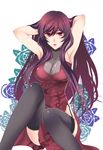  armpits bad_id bad_pixiv_id black_legwear blush body_blush breasts chinese_clothes cleavage crossdressing dress garters gundam gundam_00 hirose_azumi large_breasts lipstick long_hair makeup male_focus otoko_no_ko pose purple_hair red_eyes side_slit solo thighhighs tieria_erde 