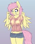  anthro breasts clothed clothing equine erect_nipples feathers female fluttershy_(mlp) friendship_is_magic fur hair long_hair mammal my_little_pony navel nipples pegasus pink_hair solo staggeredline standing teal_eyes translucent wet_shirt wings yellow_fur 