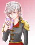  akademeia_uniform blue_eyes box final_fantasy final_fantasy_type-0 gift gift_box holding holding_gift light_smile looking_at_viewer school_uniform seven_(fft-0) short_hair silver_hair smile solo 