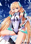  :&lt; angela_balzac bangs bare_shoulders black_gloves blonde_hair blue_eyes blunt_bangs blush boots breasts breasts_apart cloud covered_navel day elbow_gloves gloves glowing halterneck headgear highleg highleg_leotard highres hips impossible_clothes impossible_leotard knee_boots large_breasts leotard long_hair looking_at_viewer low_twintails outdoors rakuen_tsuihou shards shiny shiny_hair sky solo spread_legs takanashi-a thigh_strap turtleneck twintails very_long_hair 