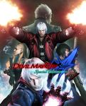  3boys blonde_hair blue_eyes breasts capcom claws cleavage dante_(devil_may_cry) dark_background devil_may_cry devil_may_cry_4 dual_wielding glowing glowing_hand gun highres hood hoodie jacket lady_(devil_may_cry) logo long_hair looking_at_viewer multiple_boys multiple_girls nero_(devil_may_cry) official_art silver_hair smoke spiked_hair sunglasses trish_(devil_may_cry) vergil weapon 