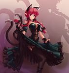  adapted_costume alternate_costume animal_ears bangs bare_shoulders black_legwear blunt_bangs bow braid breasts buckle cat_ears cat_tail choker cleavage cleavage_cutout collarbone corset detached_sleeves dress dress_lift extra_ears eyebrows frilled_dress frills garter_straps hair_bow hater_(hatater) highres kaenbyou_rin large_breasts light_smile looking_at_viewer multiple_tails nail_polish non-web_source pointy_ears puffy_short_sleeves puffy_sleeves red_eyes red_hair red_nails shadow short_sleeves solo standing tail thick_eyebrows thighhighs touhou twin_braids wrist_cuffs 