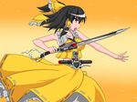  alternate_color belt bow brown_eyes brown_hair gaia_memory hair_bow hakurei_reimu henshin henshin_pose kamen_rider kamen_rider_accel kamen_rider_w parody ponytail pose sleeveless solo sword touhou tsukushi_(741789) weapon yellow_bow 