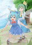  absurdres ankle_socks bending_forward blue_eyes blue_hair cirno daiyousei dress fairy_wings green_eyes green_hair hair_ribbon hand_on_own_chest highres lake long_sleeves mary_janes multiple_girls open_mouth outstretched_arms pantyhose ribbon shoes short_hair short_sleeves shou_(ahiru_shinobu) side_ponytail skirt skirt_set spread_arms touhou tree white_legwear wings 