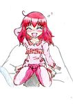 1girl barefoot bed bedwetting blush eyes_closed open_mouth pajamas peeing red_hair simple_background 