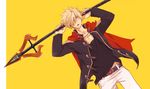  akademeia_uniform blonde_hair blue_eyes cape collarbone final_fantasy final_fantasy_type-0 hair_over_one_eye male_focus nakarai_(marl25) nine_(fft-0) open_clothes open_mouth polearm scar school_uniform simple_background solo spear weapon yellow_background 