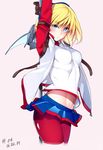  1girl :o arms_up bike_shorts blonde_hair blue_eyes blush dated floris gloves looking_at_viewer midriff nanao_(mahaya) red_legwear skirt solo to_aru_majutsu_no_index track_jacket wind_lift 