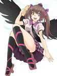  bad_id bad_pixiv_id bird_wings black_wings brown_hair cellphone cellphone_camera checkered checkered_skirt geta grey_eyes hair_ribbon hat himekaidou_hatate leg_ribbon long_hair necktie open_mouth phone pointy_ears puffy_short_sleeves puffy_sleeves ribbon sanwa_(koyabu2171) shirt short_sleeves skirt smile solo tokin_hat touhou twintails wings 