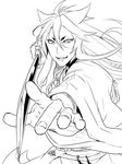  greyscale japanese_clothes katana kogitsunemaru lineart long_hair looking_at_viewer male_focus monochrome open_mouth simple_background solo sword touken_ranbu weapon white_background zuwai_kani 