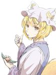  bad_id bad_pixiv_id blonde_hair brown_eyes dress eating food fox_tail hat long_sleeves looking_at_viewer looking_back pillow_hat sanwa_(koyabu2171) solo tabard tail touhou white_dress wide_sleeves yakumo_ran 