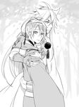  arm_around_shoulder armor gloves greyscale index_finger_raised japanese_armor japanese_clothes kogitsunemaru long_hair male_focus mikazuki_munechika monochrome multiple_boys partly_fingerless_gloves shoulder_armor sode touken_ranbu tree zuwai_kani 