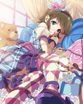  argyle argyle_legwear blue_eyes brown_hair candy checkered checkered_legwear dress food foreshortening frills hairband hayashida_airi head_rest heat looking_at_viewer lying marshmallow mole mole_under_eye official_art on_side parted_lips pillow plaid plaid_dress short_hair solo stuffed_animal stuffed_toy teddy_bear thighhighs wake_up_girls! wake_up_girls!_stage_no_tenshi wrist_cuffs 