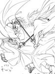  greyscale japanese_clothes katana kogitsunemaru long_hair male_focus mikazuki_munechika monochrome multiple_boys open_mouth sandals sketch socks sword touken_ranbu weapon white_background zuwai_kani 