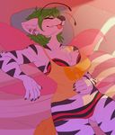  2015 anthro arthropod beep_(character) blush bra butterfly claws clothing eyes_closed feline female fivel green_hair hair hi_res hybrid insect mammal panties shirt solo tiger underwear wings 