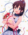  blue_eyes bouquet flower h@ll idolmaster idolmaster_million_live! jewelry necklace open_mouth ponytail satake_minako smile solo 