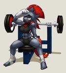  5_toes abs anthro bandage black_fur breasts clothed clothing elgiza female fur hair nintendo plain_background pok&eacute;mon red_eyes red_hair sweat teckworks toes toned video_games weavile 