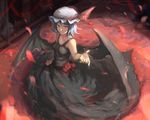  bare_arms black_dress blue_hair breasts dress flower hat long_dress looking_at_viewer outstretched_hand petals red_eyes remilia_scarlet rose short_hair sishenfan small_breasts smile solo touhou wings 