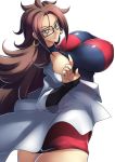  1girl android_21 ass breasts brown_hair curvy dragon_ball dragon_ball_fighterz dress female glasses haganef huge_breasts long_hair looking_at_viewer looking_back shiny shiny_skin simple_background smile thighs white_background 