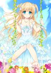  ameto_yuki ankle_garter bare_shoulders barefoot blonde_hair blue_eyes blush bow breasts cleavage dress field flower flower_field hair_bow jewelry long_hair medium_breasts necklace off_shoulder original petals plant sitting smile solo swing two_side_up very_long_hair vines wings 